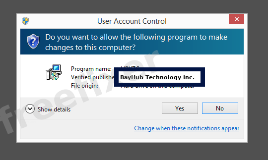 Screenshot where BayHub Technology Inc. appears as the verified publisher in the UAC dialog